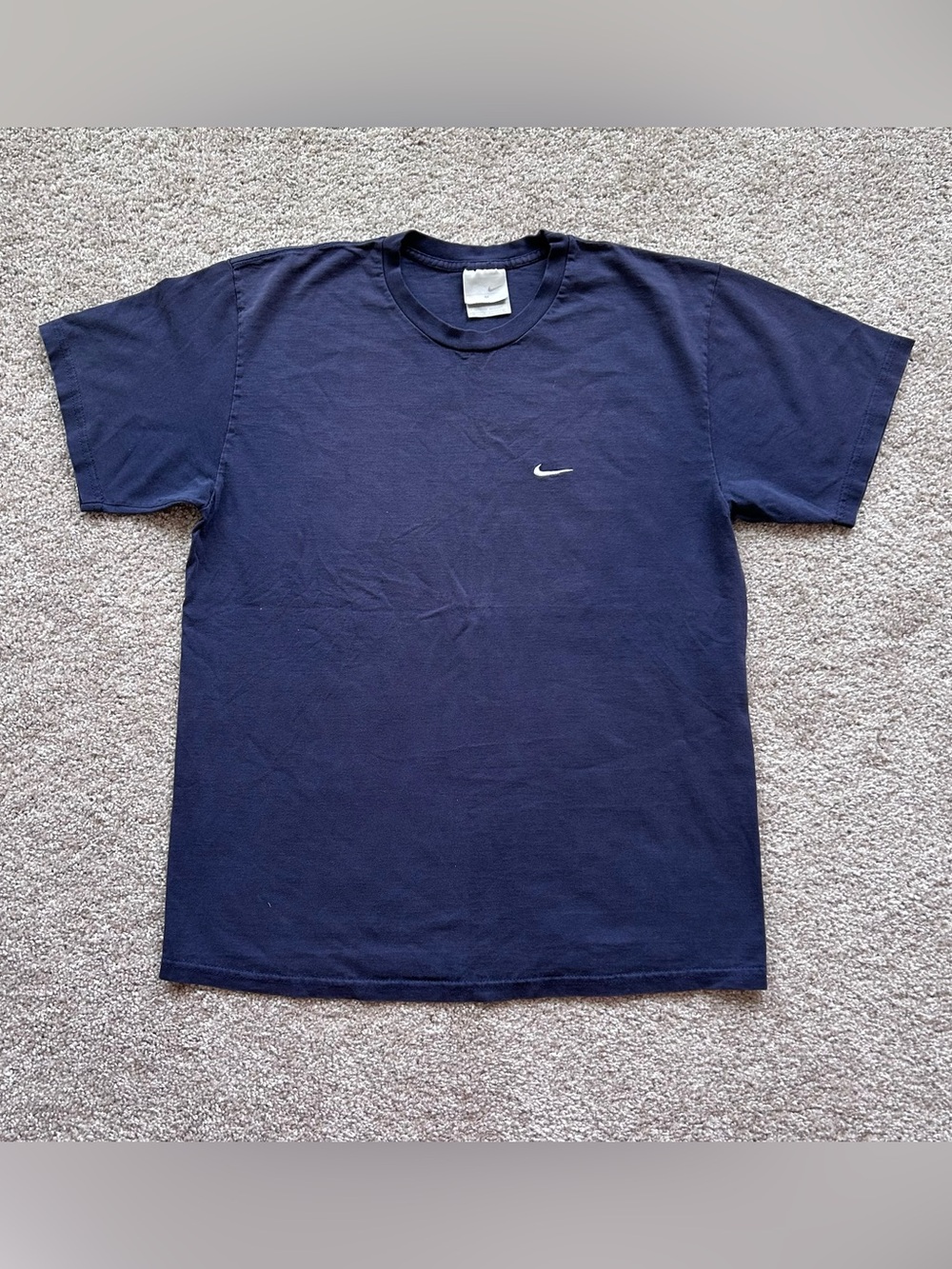 Nike VTG Navy Blue Mini Swoosh T-Shirt Mens Medium 100% Cotton Fade Silver Tag